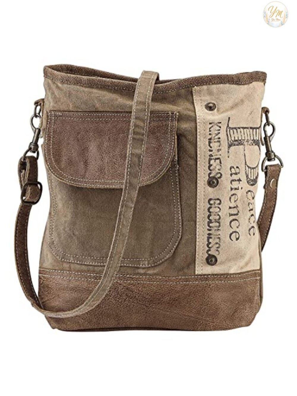 Upcycled Canvas Tote Shoulder Bag Faux Leather Trim Fully Lined Zip Closure